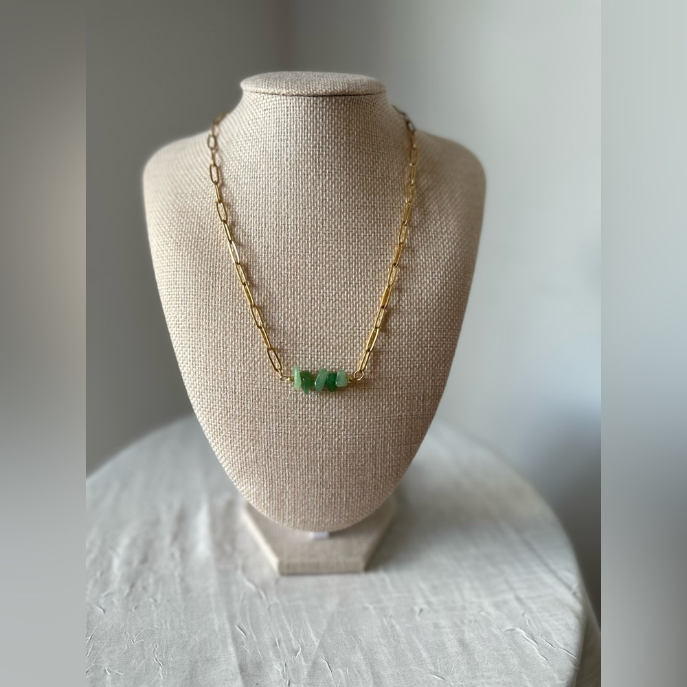 18K GOLD PLATED PAPERCLIP NECKLACE GREEN AVENTURINE PRECIOUS STONE PENDANT 18”